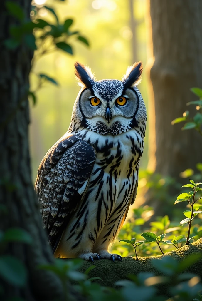 Great gray owl at the forest, summer, great gray owl, ultra detailed, hyperrealistic, proffesional