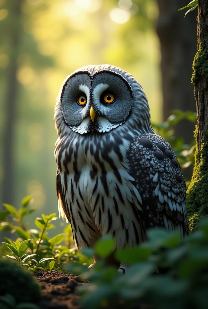 Great gray owl at the forest, summer, great gray owl, ultra detailed, hyperrealistic, proffesional 