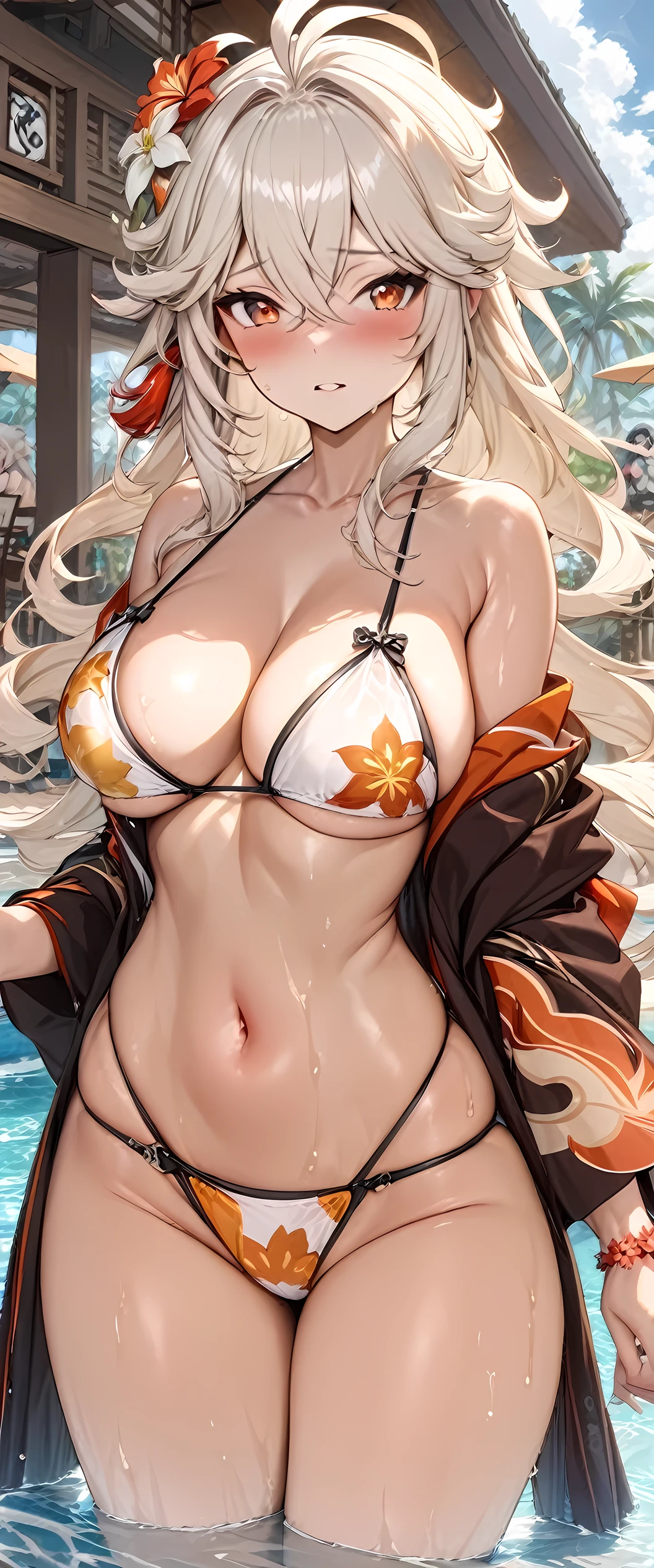 (masterpiece), best quality, expressive eyes, perfect face,1girl,kaedehara kazuha,genshin impact,big breasts,poolside,standing,blush,beach resort,sexy pose,(bare shoulders),flower bracelet,sexually aroused,mouth open,looking at viewer,wet,water,bare feet,hair flower,(japanese clothes:0.7),kimono,(open kimono),navel,white bikini,orange design bikini,strap gap,beach cafe,table,cowboy shot,long hair,wavy hair