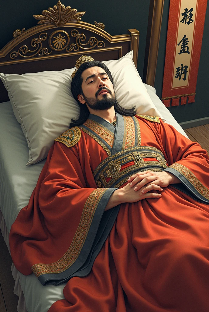 Illustration of the Emperor's death, dressed in royal robes, lying on a bed with a pale face and limp body. His expression is a mixture of exhaustion and pain, saliva dripping from his mouth. East Asian style