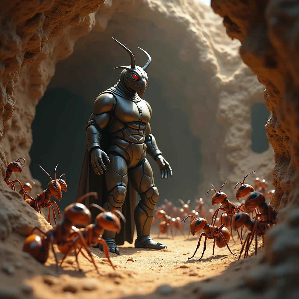 a queen ant (no human) talking to the solders ants (no human bodys) real ants



