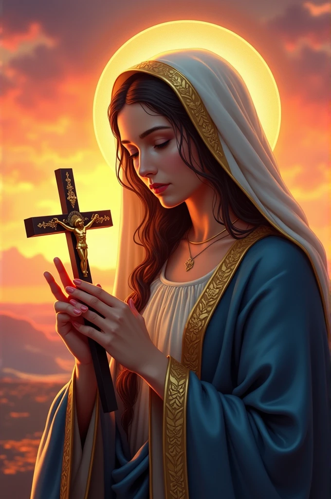 Bookmark of Saint Mary Magdalene holding a crucifix with the sunset beside it,