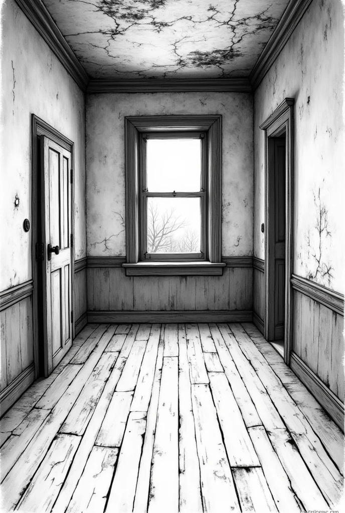 Old Room, old mansion, black and white drawing, no shadows, Draft, outline, semi realistic drawing,