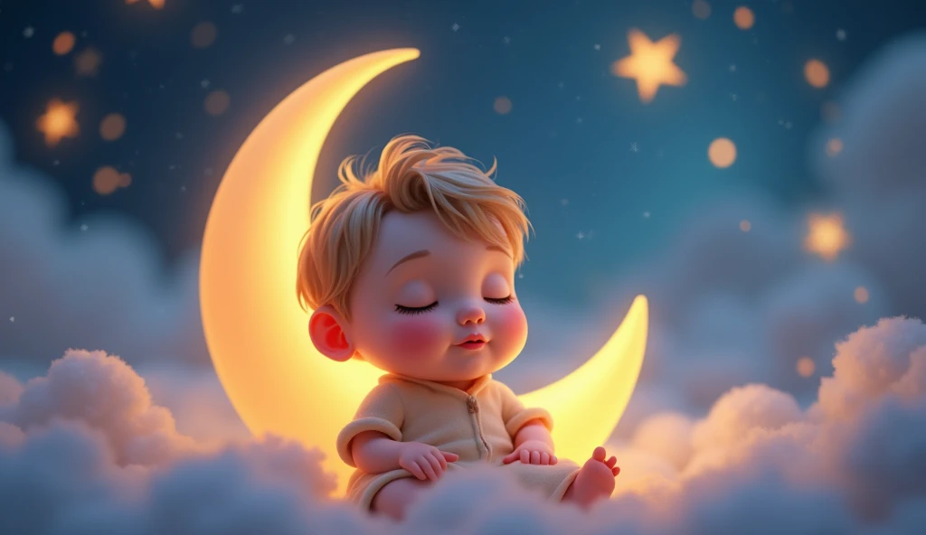 a child listening to a lullaby, gently sitting on a crescent moon in a fairytale space, many stars around, sleeping with eyes closed, cartoon style child, (best quality,4k,8k,highres,masterpiece:1.2),ultra-detailed,(realistic,photorealistic,photo-realistic:1.37),beautiful detailed eyes,beautiful detailed lips,extremely detailed eyes and face,longeyelashes,whimsical,magical,dreamlike,soft lighting,glowing stars,pastel colors,warm tones,ethereal,soothing,peaceful
