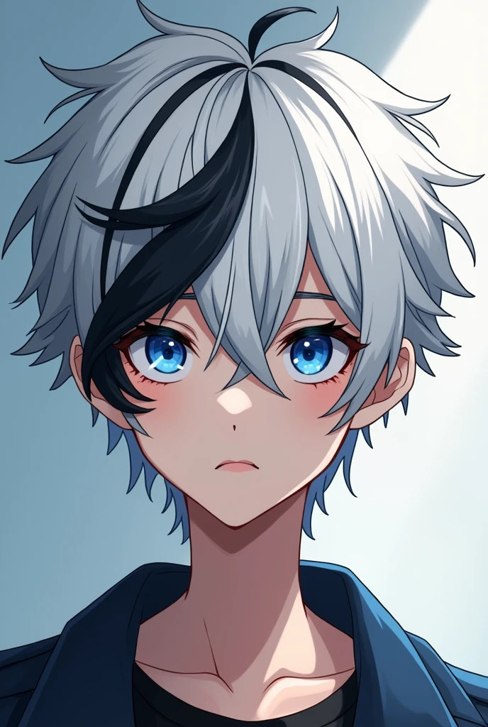 1 male teenager with white hair but with black streaks and blue eyes (anime style)
