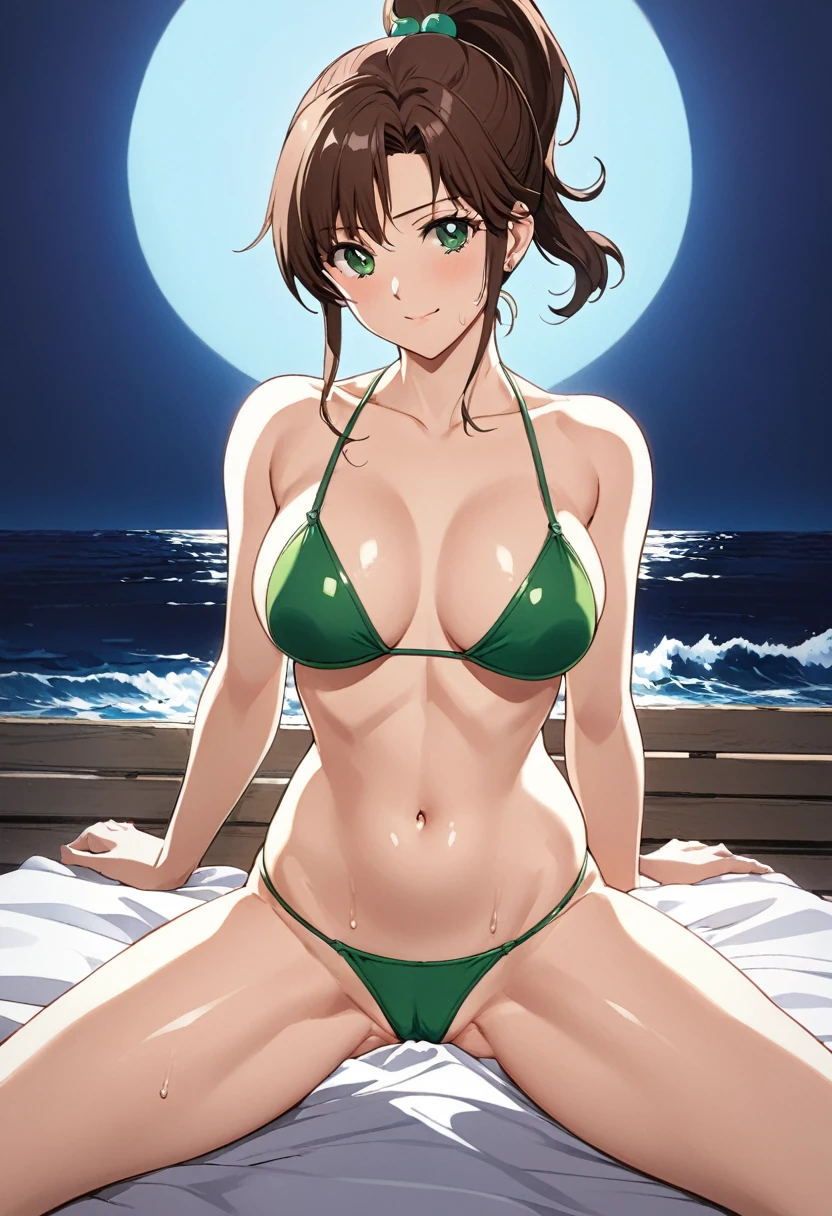 Highest quality, Great quality, 16K, Unbelievably absurd, Very detailed, 2.5D, delicate and dynamic, (Makoto Kino),blue sky, Small face, Very delicate look, Delicate eye depiction, Very Fine Hair, erotic, sexyな女性,((sex)),Healthy body shape, Swimwear,Green Micro Bikini、(Green T-back),smile、 height: 175cm, Brown Hair,ponytail、 sexyな長い脚, Abdominal muscles,Glowing Skin, The background is the sea ,1990s \(style\),、(E-cup beautiful breasts)、Muscular、sexy,Cinema Lighting, (完璧なGlowing Skin:0.6),Always high quality CG Unity 8K wallpapers,Anime-style painting style,(nsfw,hentai,bitch:1.5),（Perverted scenes of men and women having sex）,(One Man and One Woman)、A face writhing in pleasure、The whole body is covered in sex fluids、Sweaty