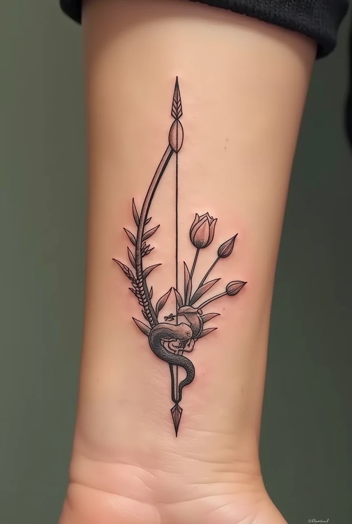 Small tattoo with:
-a bow and arrow -sprigs of wheat and tulip -a symbol of the scorpion -snakes