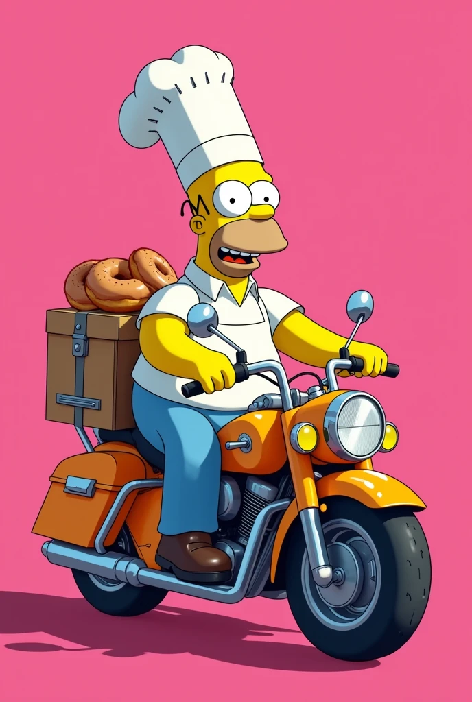 Homer Simpson dressed as a chef on a donut delivery motorcycle, pink back ground