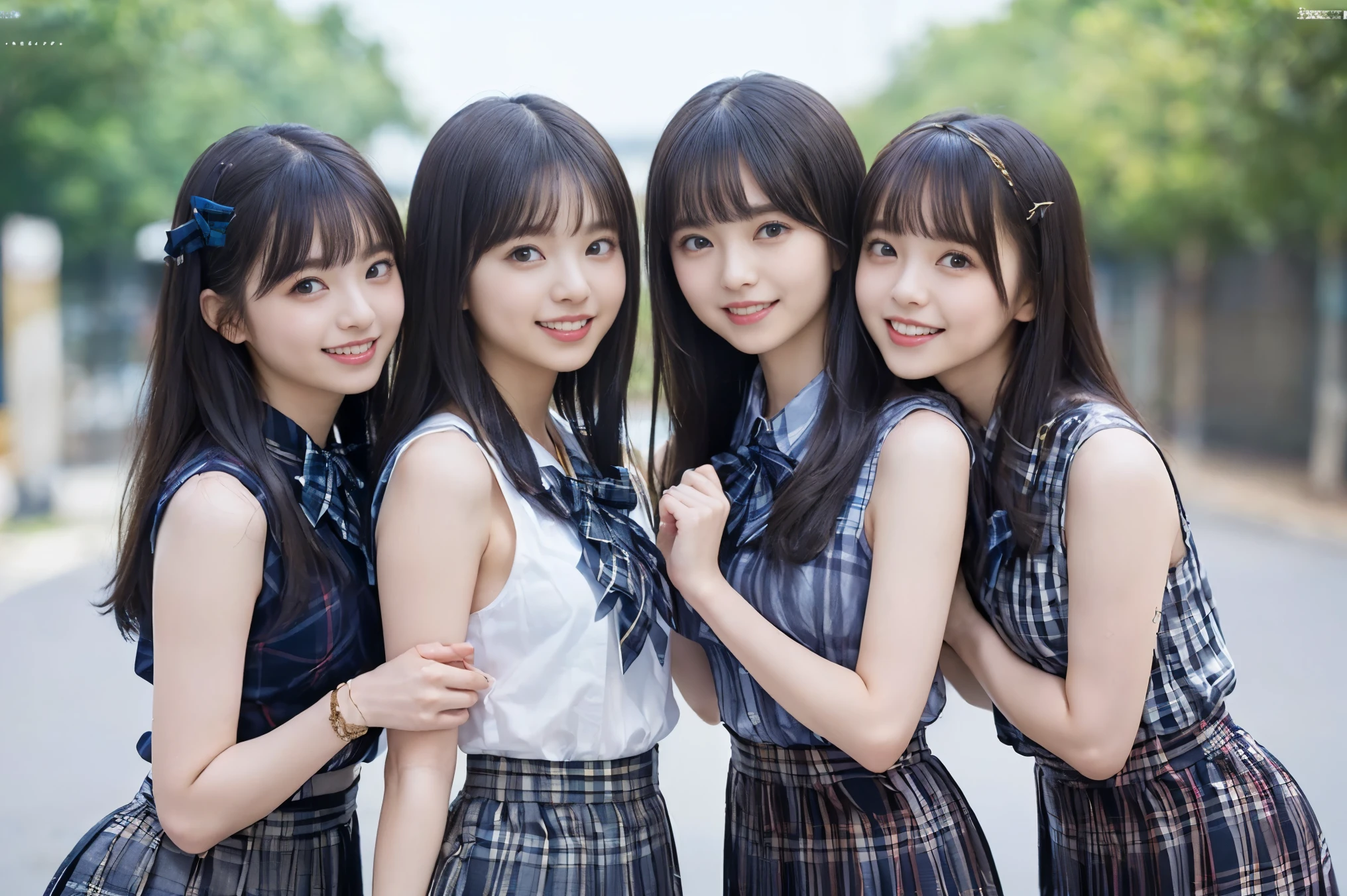 (Highest quality, masterpiece:1.2), Highest quality, Realistic, photograph, High resolution, 1080P, 8k, Physical Rendering, ((height: 155cm、Slim and slender style、medium firm chest)), ((((((Beautiful fashion models featured in Japanese fashion magazines。、Look directly at the viewer)))))), (((big, Very fine, Beautiful dark brown eyes))), ((((Everyone loves me、They are Laughter at me.!)))), Detailed fingers, (((length, Curled bangs))), ((((Very noble and cute eyes, Every detail is carefully drawn)))), ((double eyelid)), (((length eyelashes))), ((cute、Adorable、Adorable、Laughter、Laughter頬)), ((. Her eyes and the white skin of her face are beautifully white..........)), (((((Her face is very expressive、With a noble smile。, Very fun smiling beauty, Very clever smile))))), ((((A striking plain navy large school ribbon bow tie)))), ((((Her beautiful long black hair fluttering in the strong wind、Fluttering Hair)))), (((((((She is wearing a formal long pleated skirt.., Blue and navy tartan check, ))))))), ((((The size is a bit small、She is wearing a white sleeveless shirt with a gold emblem)))), ((As elegant as a noble princess)), ((Tight waist((((((Very close))))))、((((((Summer memories of three high school girls)))))、Shortcut Straight Hair