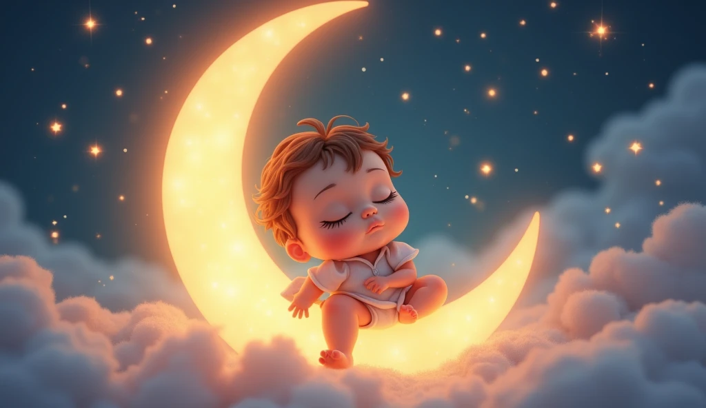 a child listening to a lullaby, gently sitting on a crescent moon in a fairytale space, many stars around, sleeping with eyes closed, cartoon style child, (best quality,4k,8k,highres,masterpiece:1.2),ultra-detailed,(realistic,photorealistic,photo-realistic:1.37),beautiful detailed eyes,beautiful detailed lips,extremely detailed eyes and face,longeyelashes,whimsical,magical,dreamlike,soft lighting,glowing stars,pastel colors,warm tones,ethereal,soothing,peaceful