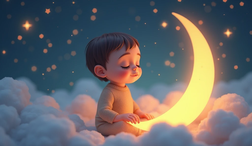 a child listening to a lullaby, gently sitting on a crescent moon in a fairytale space, many stars around, sleeping with eyes closed, cartoon style child, (best quality,4k,8k,highres,masterpiece:1.2),ultra-detailed,(realistic,photorealistic,photo-realistic:1.37),beautiful detailed eyes,beautiful detailed lips,extremely detailed eyes and face,longeyelashes,whimsical,magical,dreamlike,soft lighting,glowing stars,pastel colors,warm tones,ethereal,soothing,peaceful
