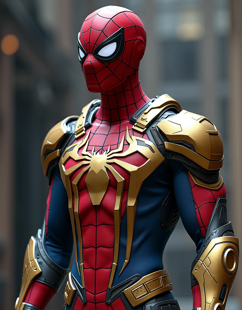 Here is a detailed description of the image you provided, broken down point by point:
1. **Character Depicted**: The image features a character resembling Spider-Man, a well-known superhero. The suit design, however, seems to be a more advanced or armored version of the traditional Spider-Man costume, often referred to as the "Iron Spider" suit in popular media.
2. **Color Scheme**:
- **Primary Colors**: The suit predominantly features red and blue, which are classic Spider-Man colors.
- **Accent Colors**: There are prominent gold accents throughout the suit, especially around the chest, shoulders, and arms.
3. **Chest Emblem**:
- A large, stylized spider emblem is centered on the chest.
- The emblem is gold in color and has an intricate design, extending over the shoulders and down towards the waist.
- The spider emblem has a somewhat metallic sheen, giving it a very high-tech and armored appearance.
4. **Suit Material**:
- The suit appears to be made from a combination of different materials, giving it a textured and segmented look.
- Some parts of the suit have a smooth, glossy finish, particularly the red areas on the chest and head.
- The blue sections have a more fabric-like texture but still appear sturdy.
5. **Armor and Enhancements**:
- The suit is heavily armored compared to the traditional Spider-Man suit.
- There are metallic, gold-colored plates on the shoulders, forearms, and parts of the legs.
- The armor plating is intricately detailed, with sharp lines and a segmented design.
6. **Mask and Eyes**:
- The mask is primarily red with metallic textures.
- The eyes are large and almond-shaped, typical of Spider-Man, but they have a silver or white reflective surface, possibly indicating advanced technology or a heads-up display within the suit.
7. **Belt and Utility**:
- The character wears a gold belt that has a more practical design, possibly holding gadgets or tools.
- The belt is detailed with segm