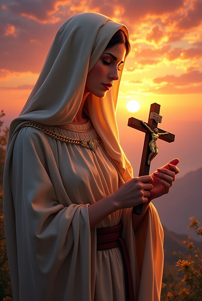 Bookmark of Saint Mary Magdalene holding a crucifix with the sunset beside it,