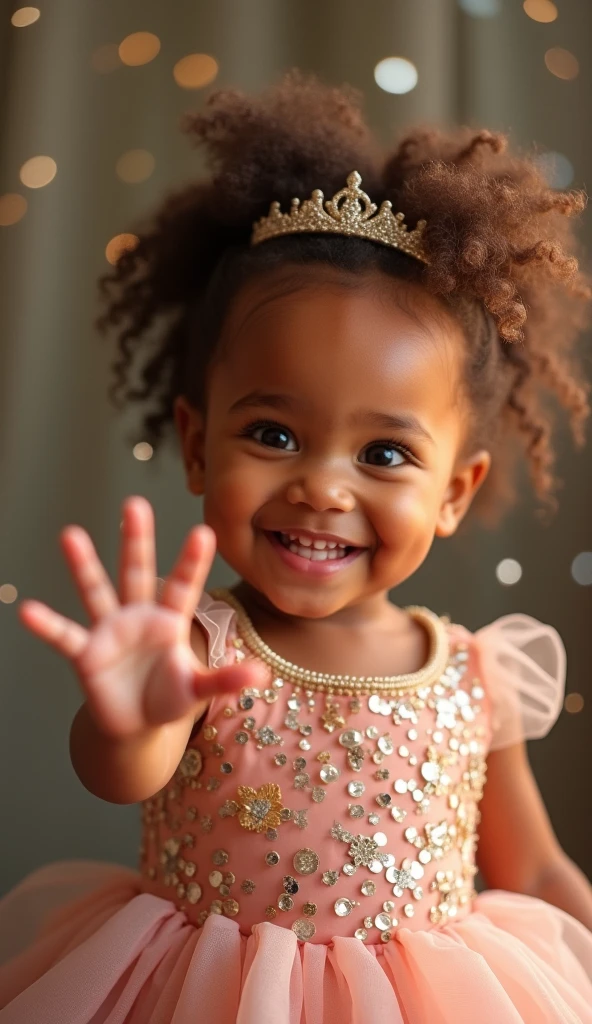 Create UHD photorealistic realistic image, no animation, no 3D image, no Pixar style. Capture a 20-month-old girl of mixed African and European descent, dressed in a sparkly princess gown with a joyful expression, in a softly lit studio. Use an 85mm lens for a detailed portrait with a blurred, fairy-tale-like background. Lighting should be soft and magical, creating a gentle glow around her. Ensure her hand shows exactly five fingers. The photo should feel like an enchanting, timeless family portrait.	