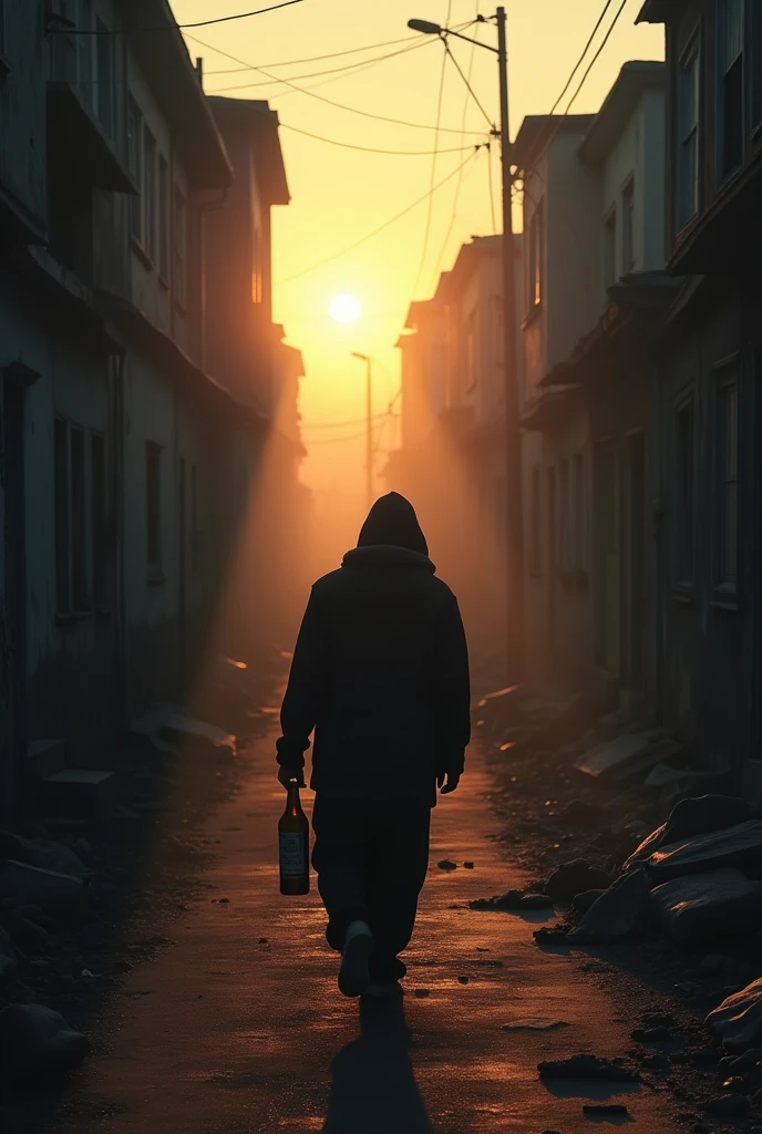 Create a moving image of an alcoholic beggar seen from behind, holding a bottle in hand, as he walks into a poor, gloomy neighborhood, wrapped in an atmosphere of melancholy and hope. The scene takes place during sunrise or sunset., when the soft sunlight begins to filter weakly between the dilapidated houses, creating warm flashes that symbolize a new beginning. The man's figure should be slightly out of focus, suggesting anonymity and representing the struggle between loss and personal search. Use a melancholic color palette that combines dark tones with touches of warm light., emphasizing the sense of optimism in the midst of adversity and the possibility of redemption. The composition should invite reflection, evoking deep emotions and a sense of renewed hope.