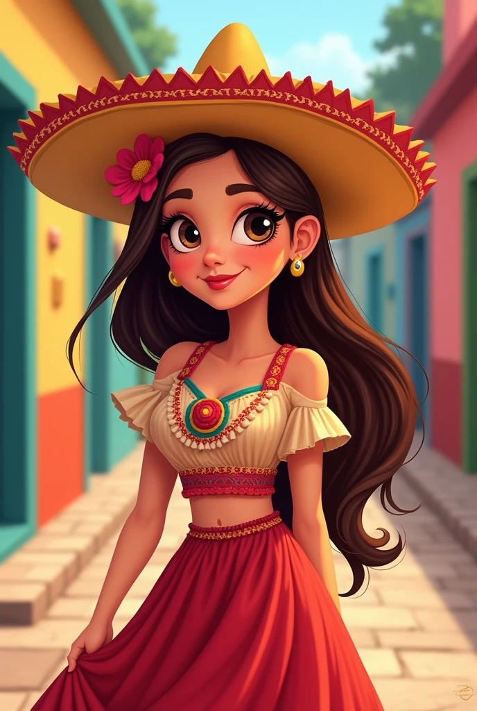 Face cute girl, Brown hair Mexican hat on head. With mexican dress. Illustrator