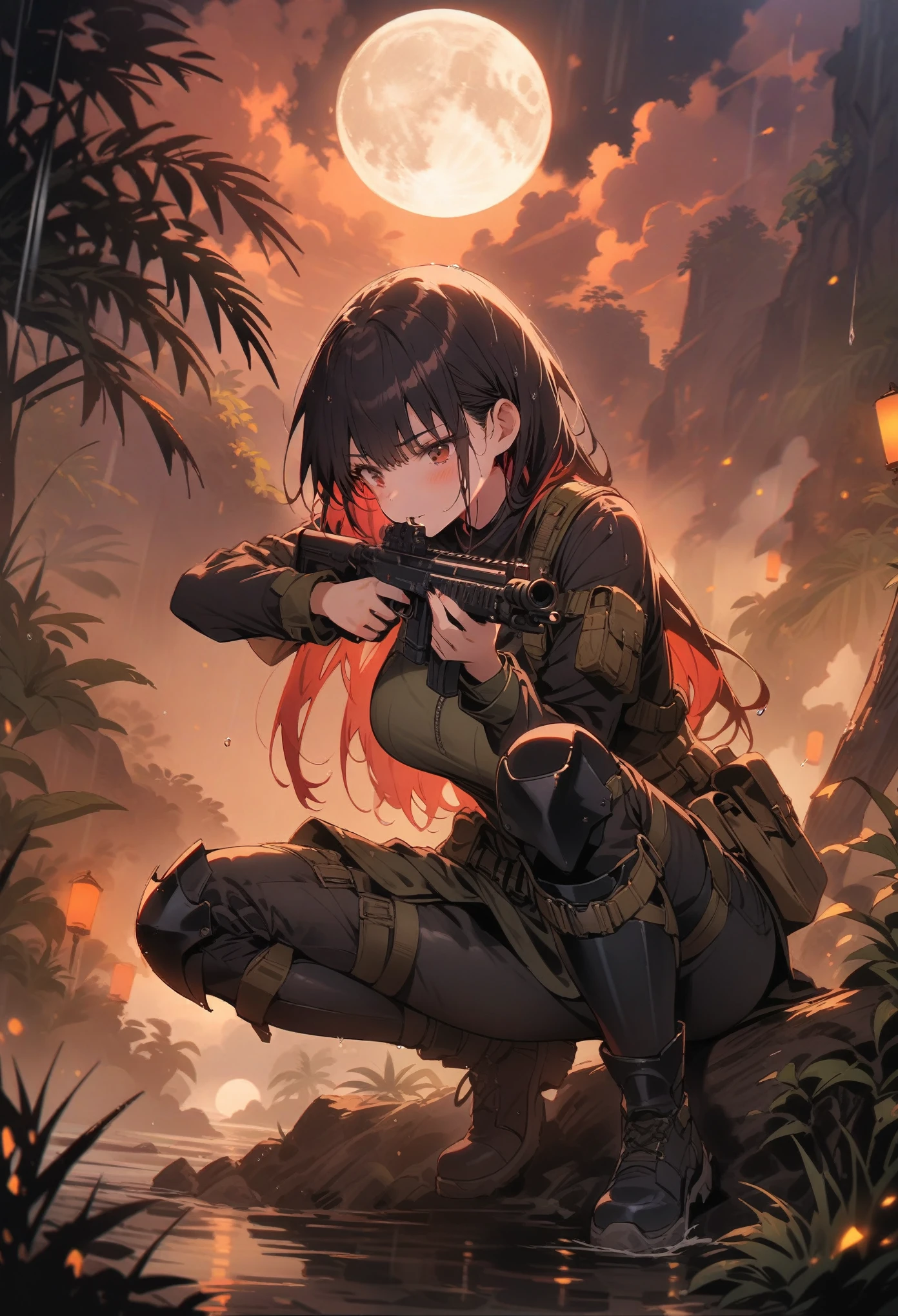 (masterpiece, best quality:1.2), 1 girl, solo, Tactical knight, light armor, tactical equipment, tactical straps, leather equipment, tactical accessories, knight accessories, 1girl, medieval background, tactical armored boots, light equipment, 1girl, tactical explorer equipment, tactical command equipment, tactical combat equipment, tactical straps, mission cover in the jungle during storm, tactical assault, hunting the target, night jungle background, moon in the sky, rain night, dynamic background, aim at the target, assault rifle, ready to shoot pose, on the branch of a tree, attention to detail, masterpiece, dark clothes, full body, darkness night, clothes slightly wet from the rain, dark night, dark jungle, night jungle, rain night, clothes slightly wet, dark background, light equipment, shadow contrast, dim lighting, between the shadows of the night