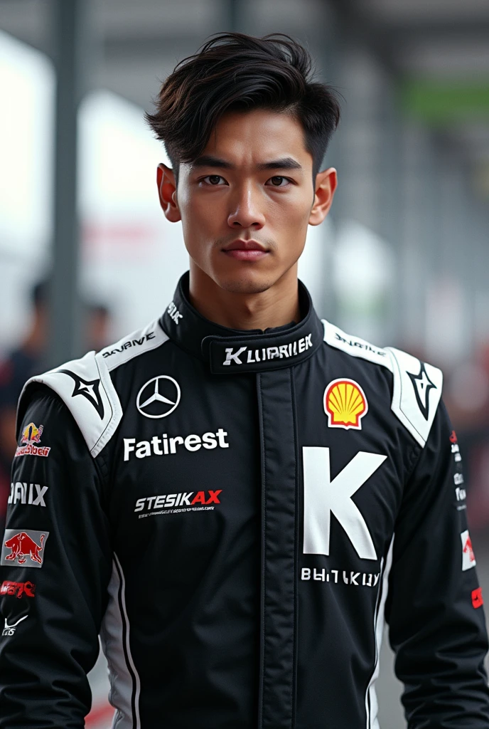 Male Filipino f1 driver wearing black and white tracksuit with chrome logo as sponsor with a large “K” on the suit (no helmet)