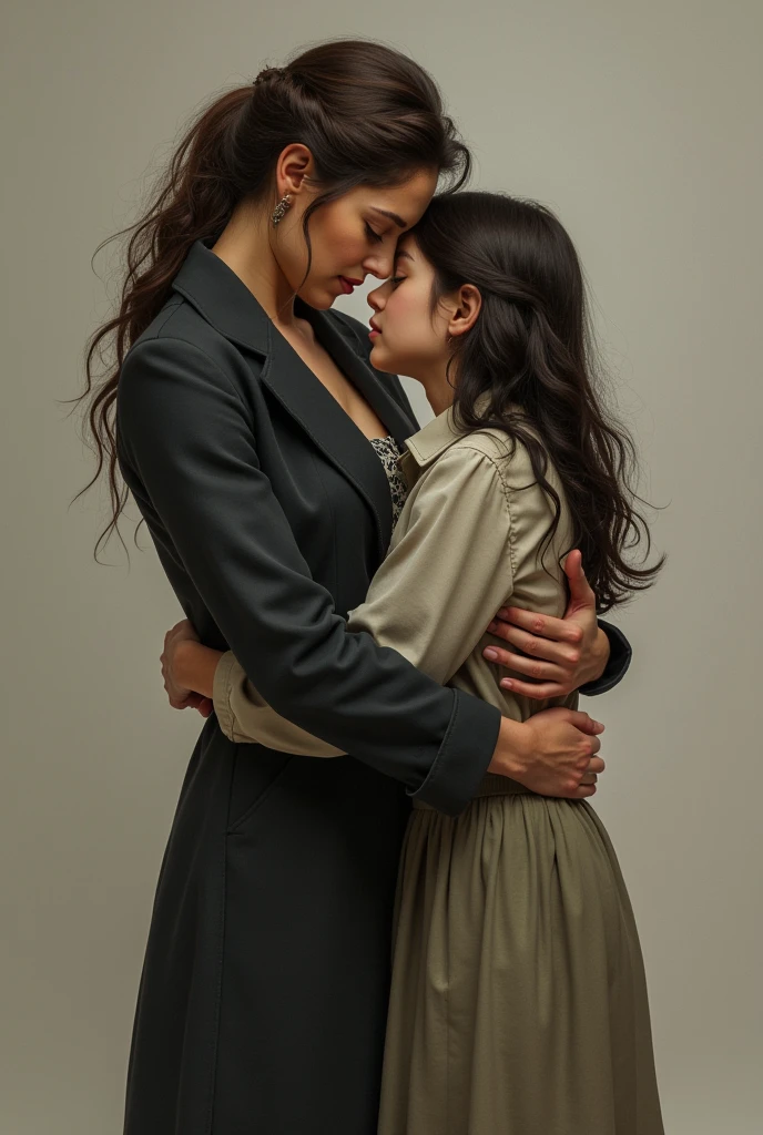 Lesbian mature women in overcoat hugging with the hands on the waist of a young girl
