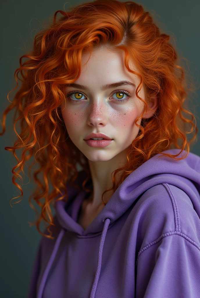 A beautiful woman with curly orange hair, braids, yellow eyes, freckles on her skin, and wearing a purple hoodie.