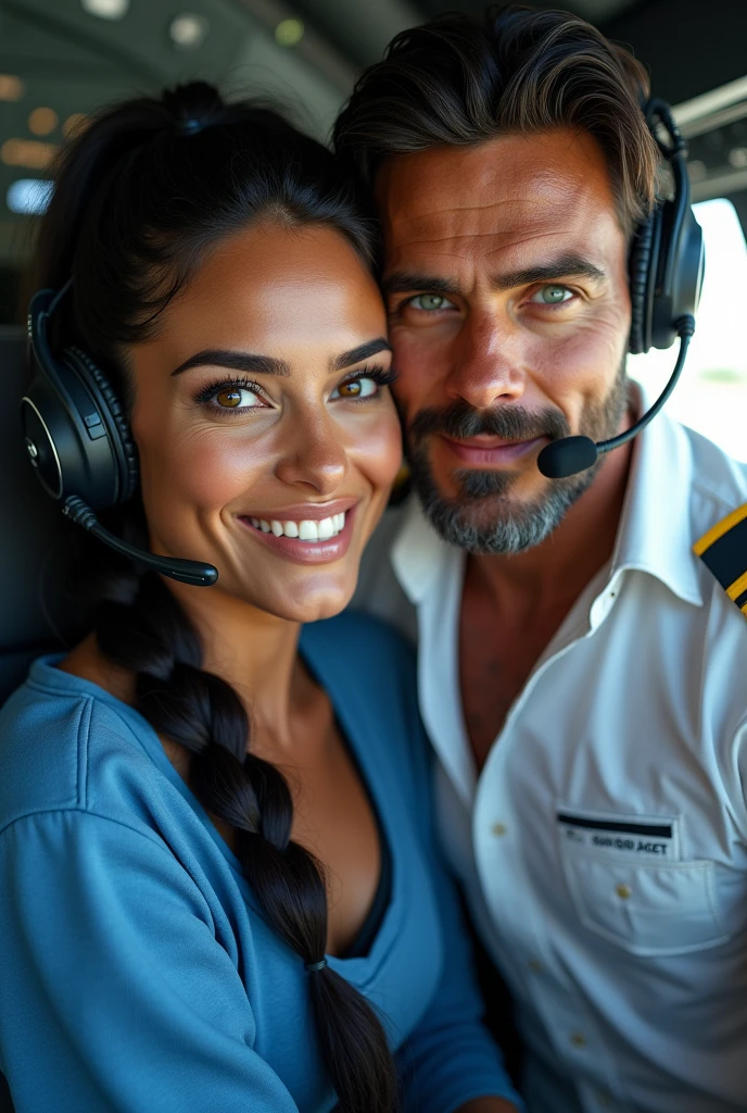 (photorealism: 1.2), hot brazilian sexy girl in sexy dynamic pose. raw portrait photography, hyper realistic and detailed face, complex and realistic skin texture, hot body, athletic body, smiling, long black hair with braid, dressed with long blue sweatshirt and headset with microphone with with the pilot, handsome tanned guy, Brazilian, beard and beautiful smile, green eyes, black hair, white pilot shirt in the cockpit airbus