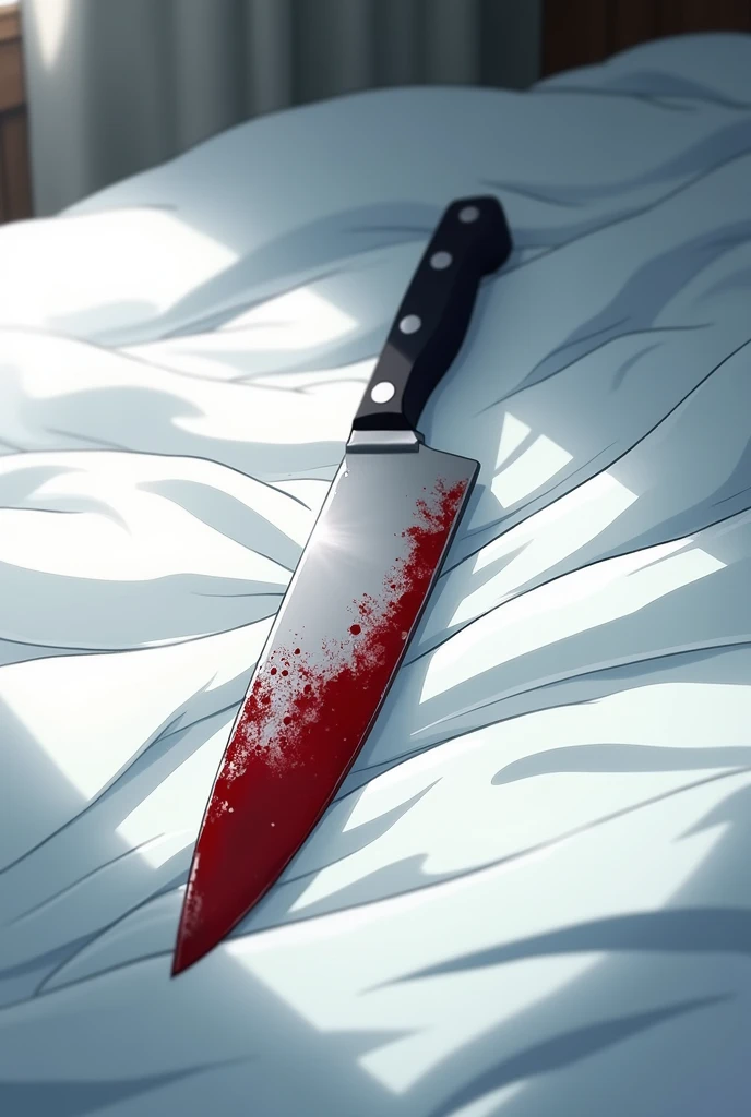 Bloody kitchen knife on white anime bed sheet