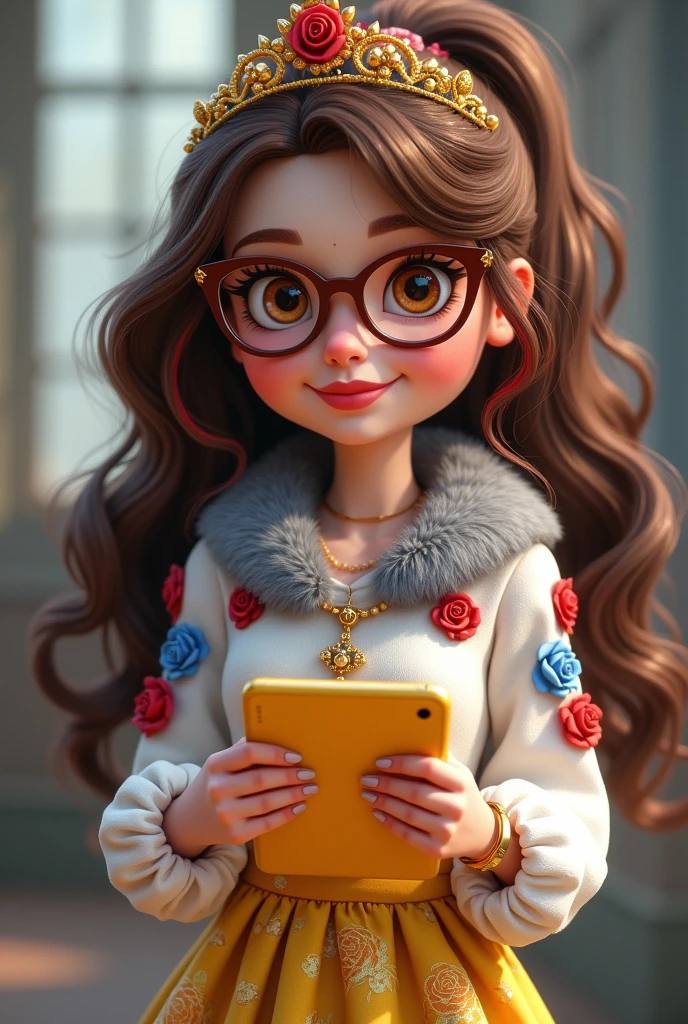 Imagem da filha da Ramona Badwof e da Rosabella Beauty de Ever After High: Long wavy brown ponytail with red streaked bangs, first of all, light brown eyes, brown glasses with a red rose, white blouse with blue, with roses on the blouse and sleeves, yellow skirt with golden roses, a faux fur collar around the neck of gray color, golden flower tiara on head, You have to be holding a yellow tablet with red roses in your hands, You have to have red highlights in your hair
