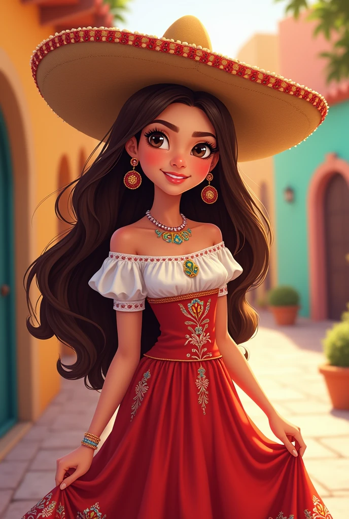 Face cute girl, Brown hair Mexican hat on head. With mexican dress. Illustrator 