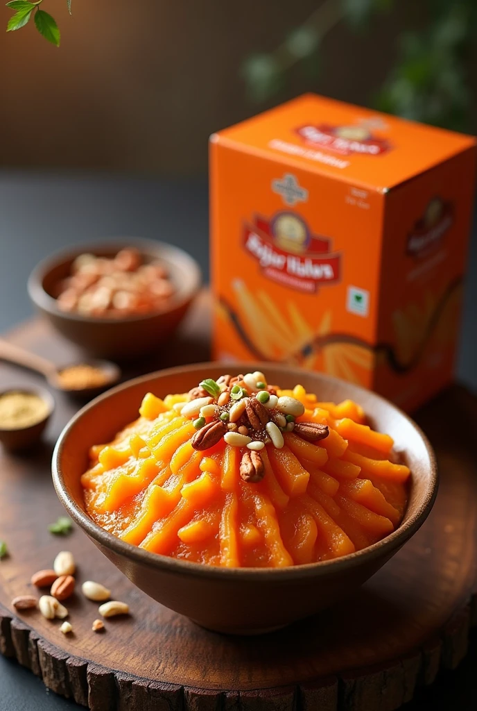 A bowl of "gajar halwa " wth nuts topping. And professional back ground also a box packing at a corner . With slogan celebrate winter with traditions ,savor our gajar halwa