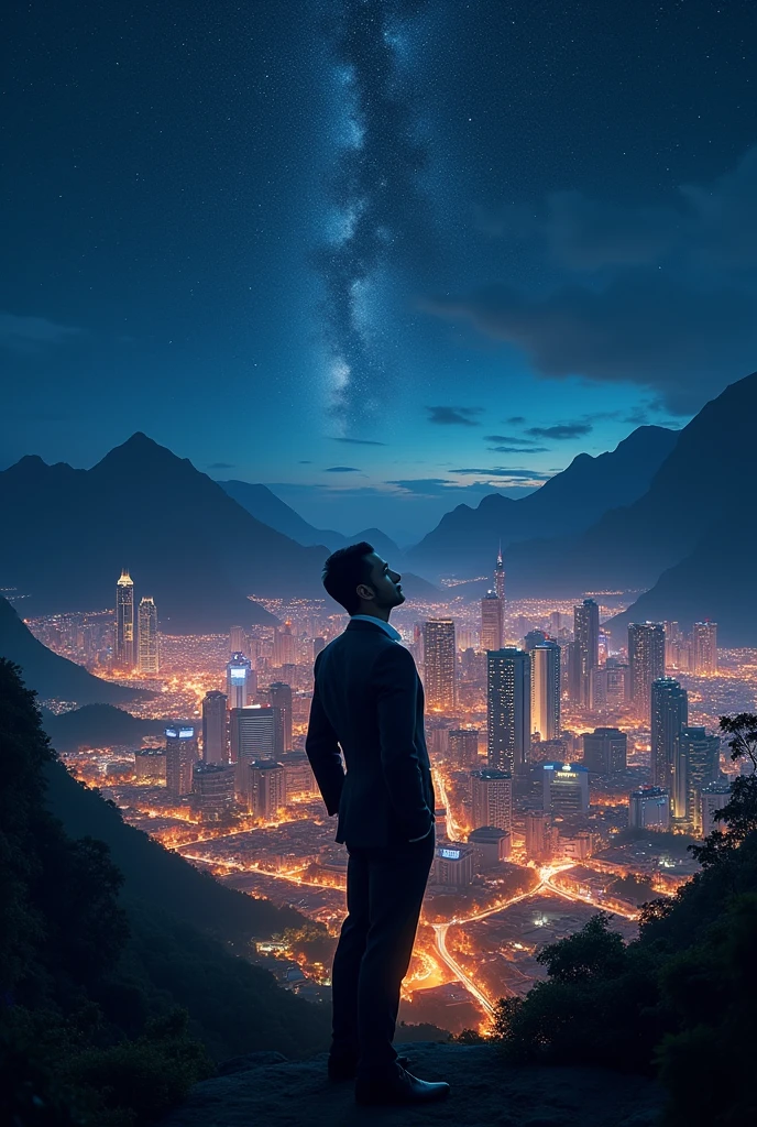 Philippines city lights mountain view, handsome stargazing