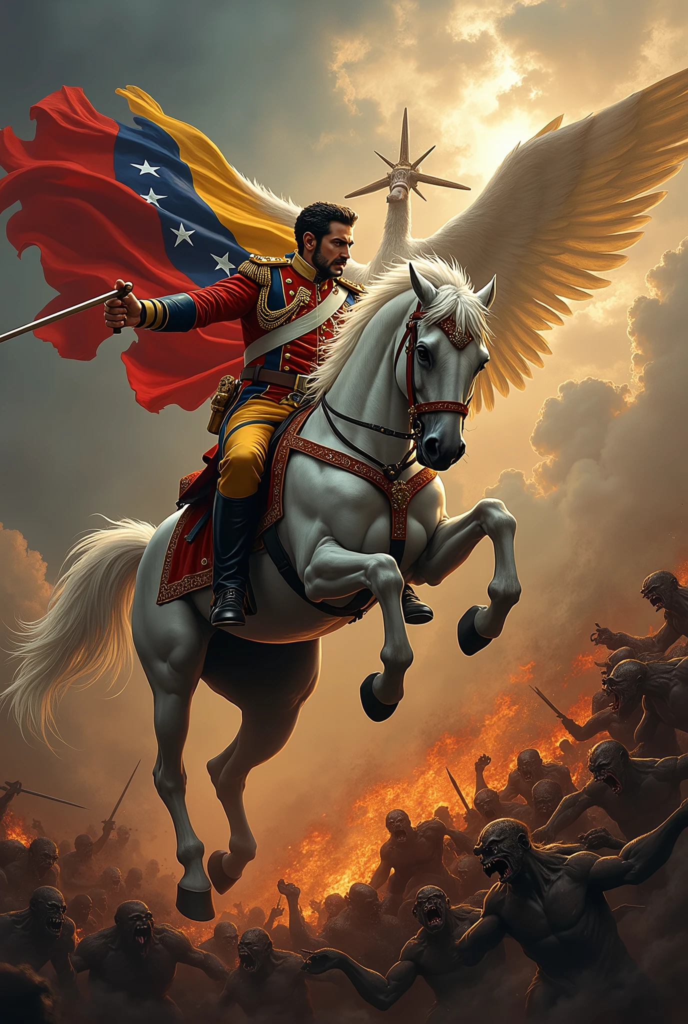 Bolivar on his white horse with his military uniform of the time and his sword and Saint Michael the Archangel and his sword battling against demons that rise from hell with the flag of Venezuela in the sky in the background
