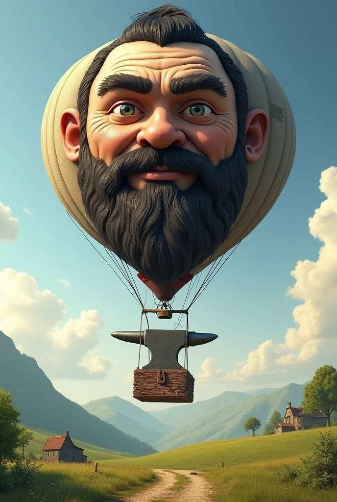 A balloon with blacksmith's face lifting an anvil with ropes, 8K, High Quality
