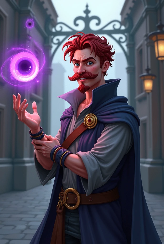 A middle aged magician with children bracelets on his wrists. He has short red hair and a big handlebar mustache with no beard at all. He wear a old grey cape closed to hide his adventurer clothes and a floating purple ethereal eye is floating near him. The picture is taken from afar and the man is standing next to the city gates. The man looks kind