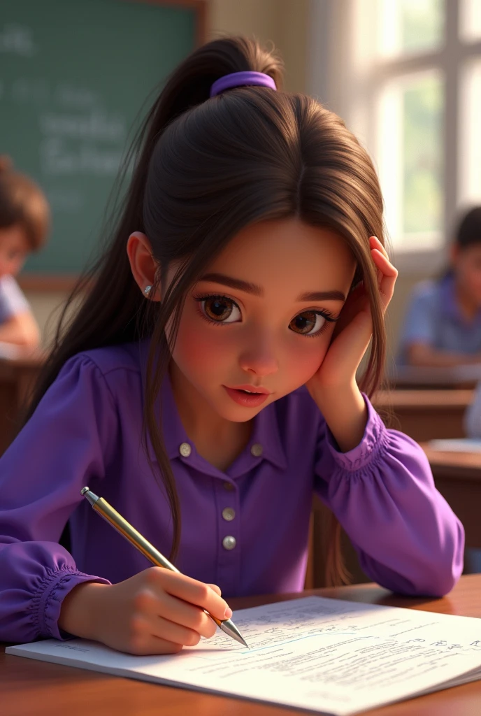 Skin colored girl, Brown hair 
,purple blouse and pants taking an exam
