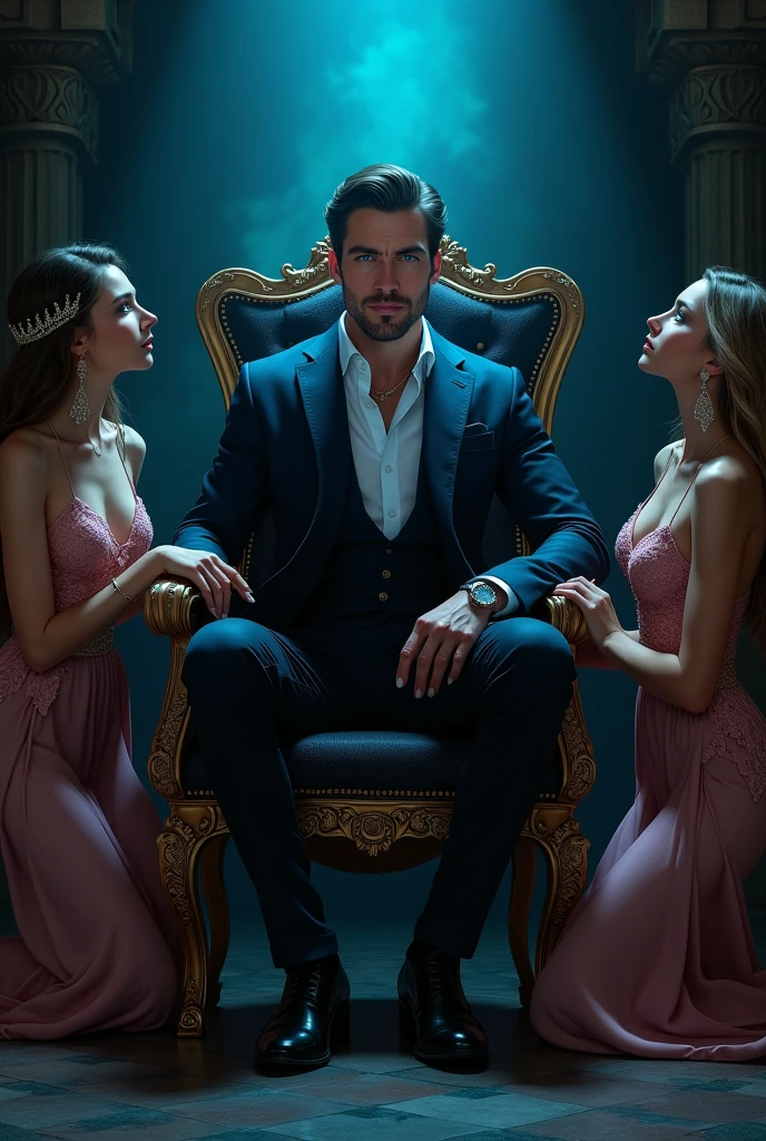 A ( hombre guApo , trAje negro , Ojo Azul brillAnte mágico, sentAdo en unA sillA como rey , Se ve tAn geniAl y con un fondo oscuro.
Behind him, muchAs chicAs ArrodillAdAs A sus pies sensuAkl todAs vestidAs con ropAs de esclAvAs de hArén. Sus ojos sensuAles