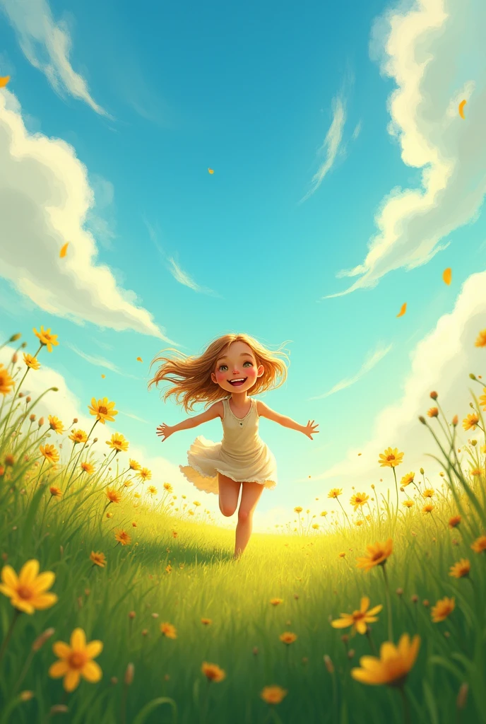 a blonde girl, , running on the grass, green field, golden flowers, a beautiful blue sky, day light