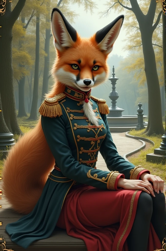 Fox girl in an English commander's suit sitting in a Russian park