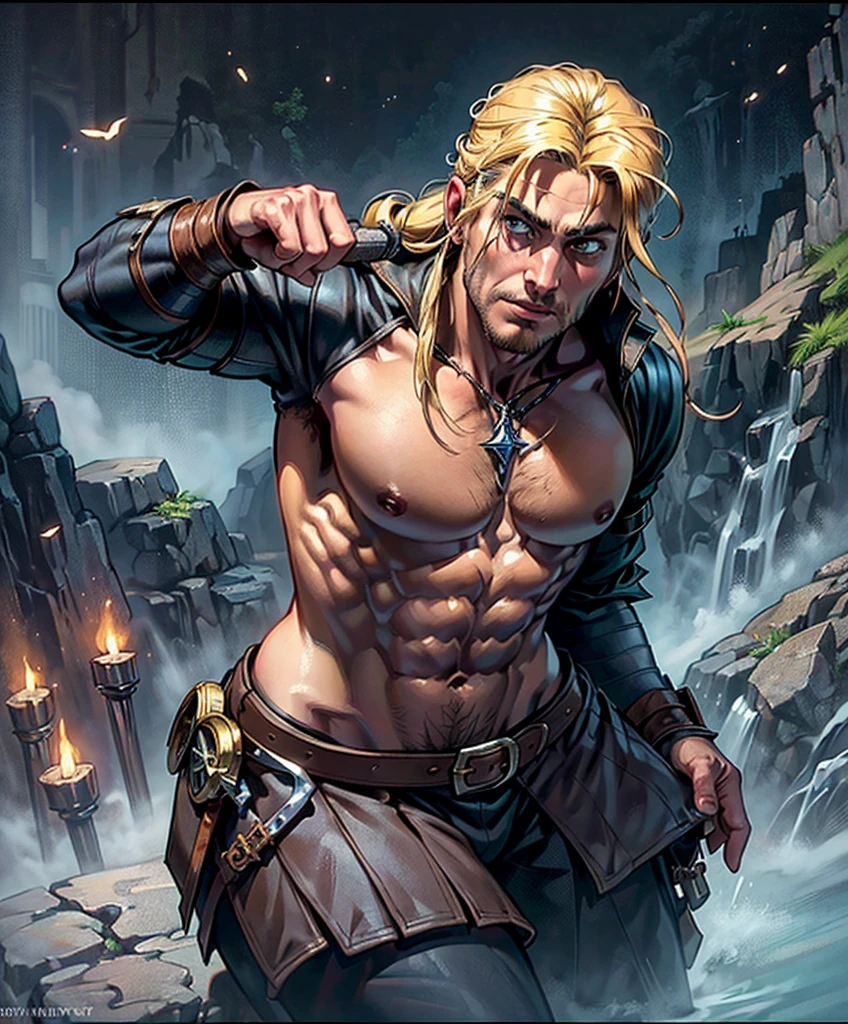 (((Solo focus.))) (((Single character image.))) (((Looks like a great fantasy adventurer.))), ((large bulge)), bulgeJ8, (((Long blond hair. in a topknot))) (((Dressed in medieval fantasy attire.))) (((Handsome and young.))) (((Looks like beefcake male fantasy character.))) (((Dressed in medieval fantasy attire.))) (((Ideal male physique.))) (((Bare chest, tattoos, perfect abs.)))  (((Swashbuckler fashion.)))  Looks like a fun-loving and heroic male adventurer for Dungeons & Dragons. Looks like a very attractive male adventurer for a high fantasy setting. Looks like a handsome and rugged male adventurer for Dungeons & Dragons. Looks like a handsome male for a medieval fantasy setting. Looks like a Dungeons & Dragons adventurer, very cool and masculine hair style, black clothing, handsome, adventurer, athletic build, excellent physique, confident, gorgeous face, gorgeous body, detailed and intricate, fantasy setting,fantasy art, dungeons & dragons, fantasy adventurer, fantasy NPC, attractive male in his mid 20's, ultra detailed, epic masterpiece, ultra detailed, intricate details, digital art, unreal engine, 8k, ultra HD, centered image award winning, fantasy art concept, digital art, centered image, flirty,ure:1.4, picture-perfect:1.0,8k, HQ,best quality:1.0,