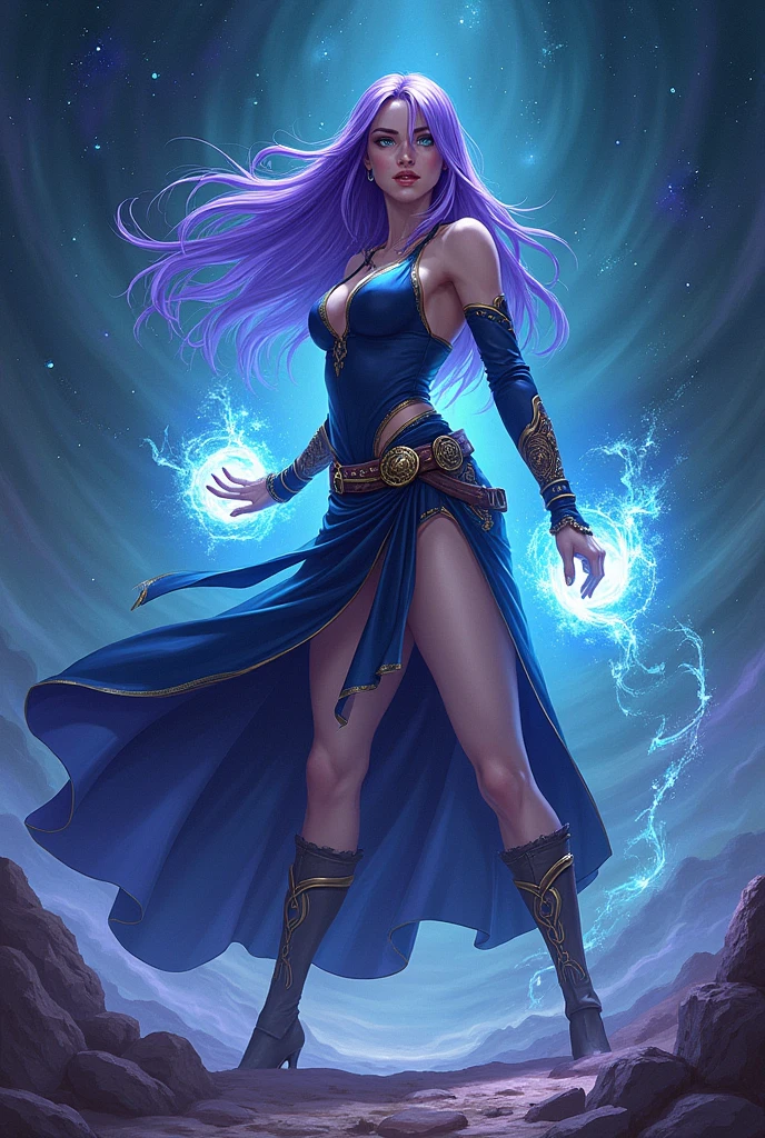 mage woman, astral magic, perfect purple hair, perfect aquamarin eyes, fighting stance, astral background, lots of stars, dark tones, line art, artwork, masterpiece