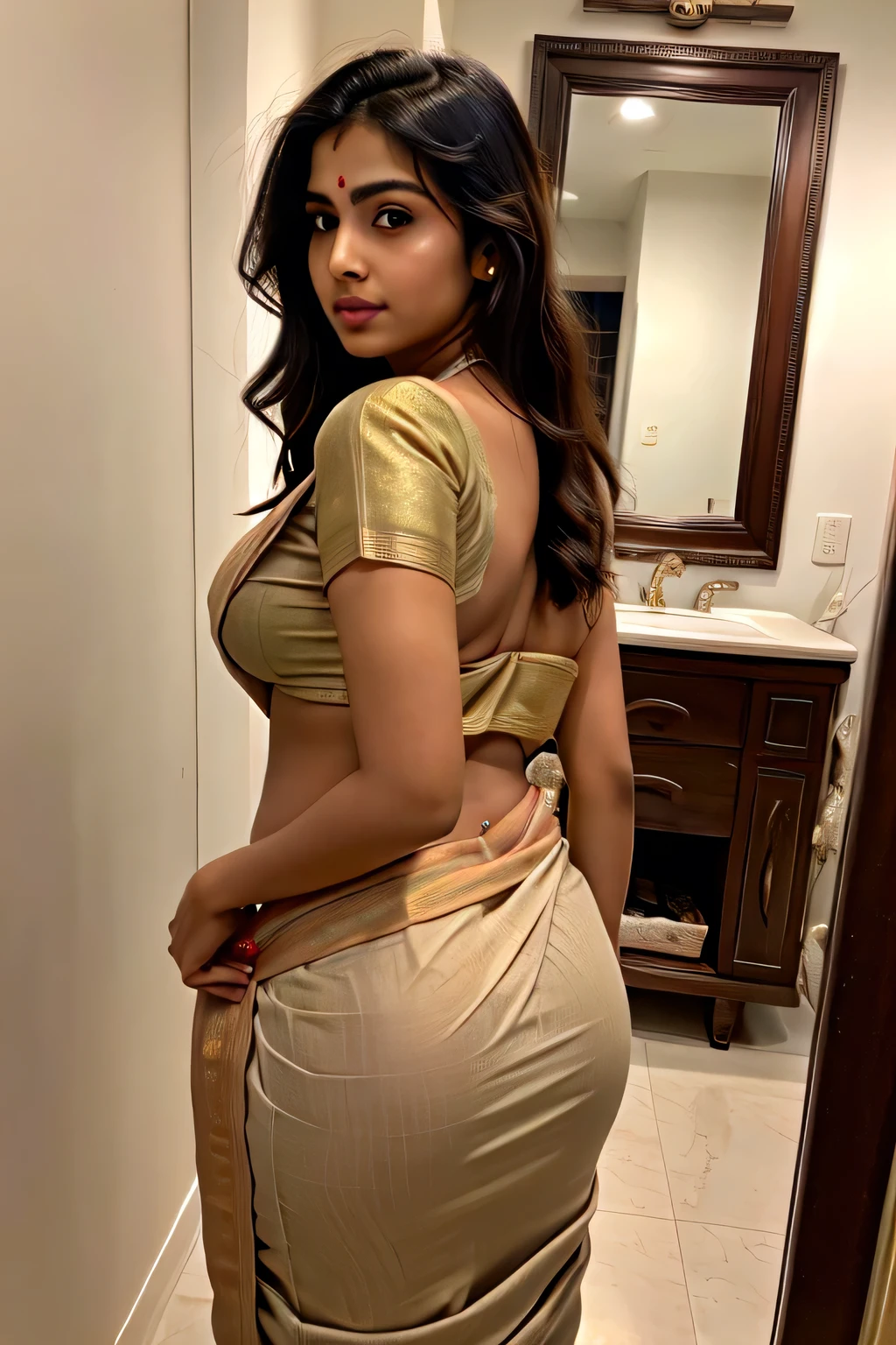 ((best quality)), ((masterpiece)), (detailed), Beautiful indian woman, thin saree,sexy ass beautiful nose