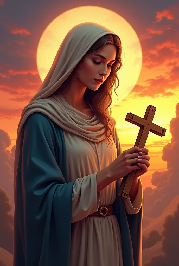 Bookmark of Saint Mary Magdalene holding a crucifix with the sunset beside it,