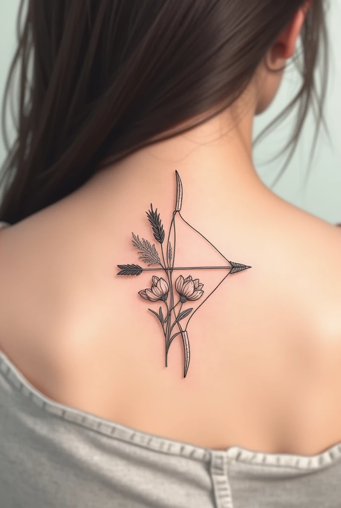 Small tattoo with:
-a bow and arrow -sprigs of wheat and tulip -a symbol of the scorpion 