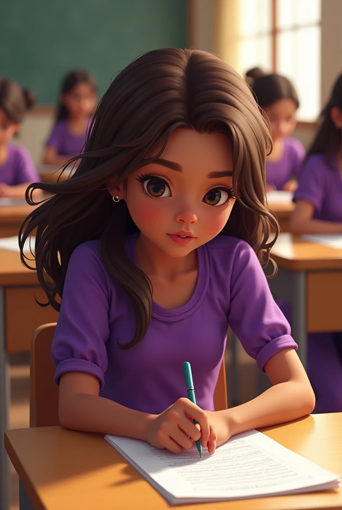 Skin colored girl, Brown hair 
,purple blouse and pants taking an exam
