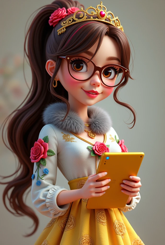 Imagem da filha da Ramona Badwof e da Rosabella Beauty de Ever After High: Long wavy brown ponytail with red streaked bangs, first of all, light brown eyes, brown glasses with a red rose, white blouse with blue, with roses on the blouse and sleeves, yellow skirt with golden roses, a faux fur collar around the neck of gray color, golden flower tiara on head, You have to be holding a yellow tablet with red roses in your hands, You have to have red highlights in your hair