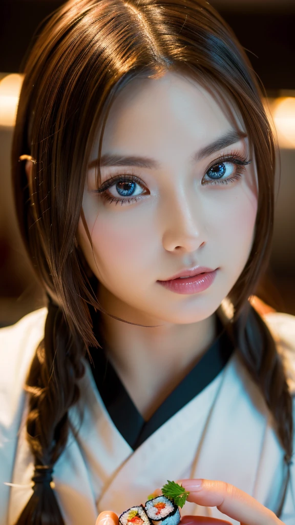 (surreal), (figure), (High resolution), (8K), (very detailed), (Best figure), (beautiful and detailed eyes), (highest quality), (super detailed), (masterpiece),Beautiful sushi master woman,