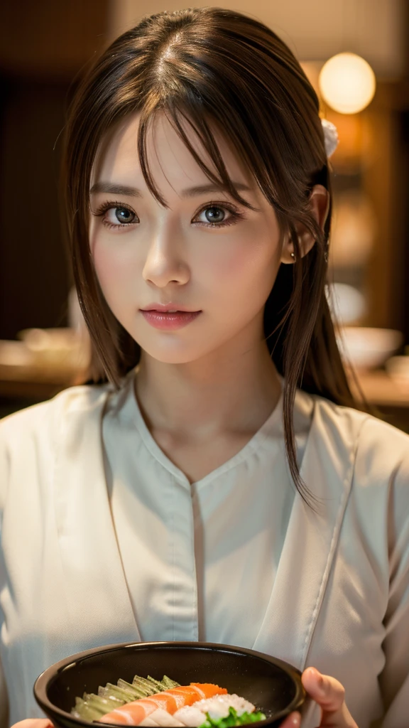 (surreal), (figure), (High resolution), (8K), (very detailed), (Best figure), (beautiful and detailed eyes), (highest quality), (super detailed), (masterpiece),Beautiful sushi master woman,