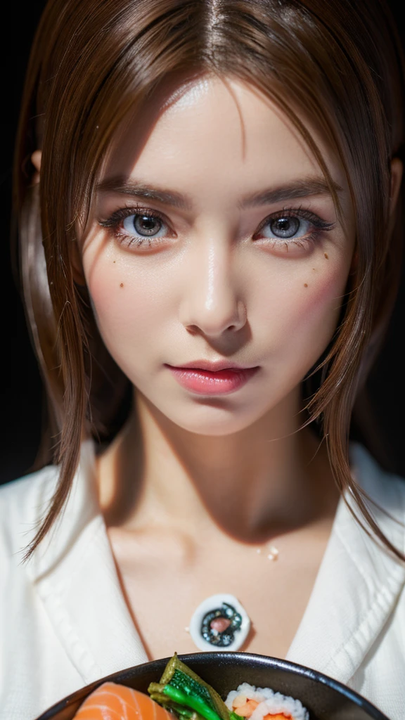 (surreal), (figure), (High resolution), (8K), (very detailed), (Best figure), (beautiful and detailed eyes), (highest quality), (super detailed), (masterpiece),Beautiful sushi master woman,