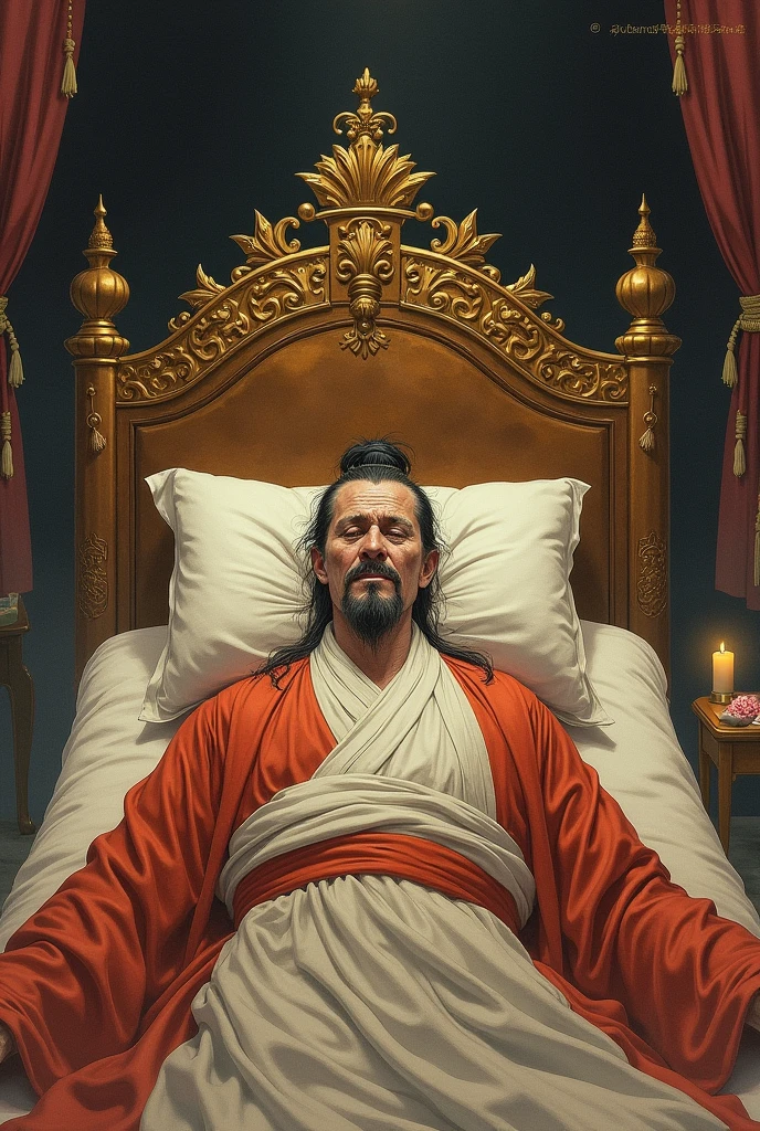 Illustration of the Emperor's death, lying on a bed with saliva dripping from his mouth. East Asian style