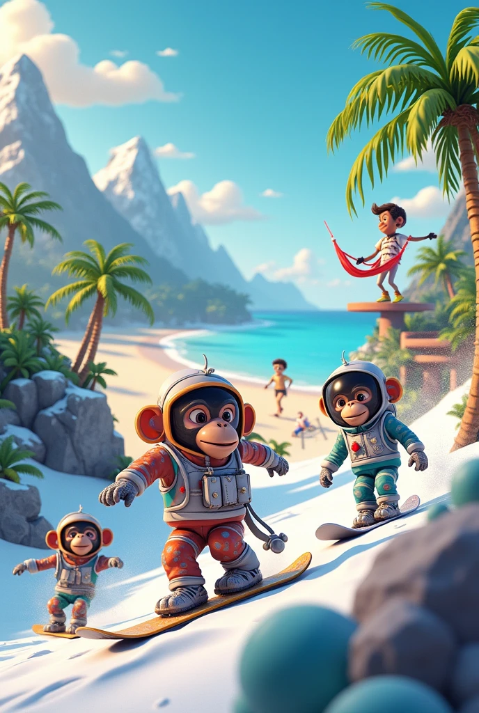 Draw 4 apes in snowboarding clothes and an astronaut snowboarding on a snowy mountain, a young doctor with sunglasses dancing on a platform and a young boy with a printed shirt lying on his back in a hammock on a beach with palm trees