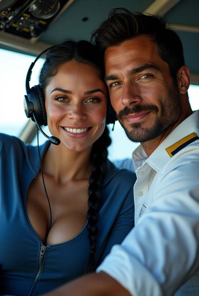 (photorealism: 1.2), hot brazilian sexy girl in sexy dynamic pose. raw portrait photography, hyper realistic and detailed face, complex and realistic skin texture, hot body, athletic body, smiling, long black hair with braid, dressed with long blue sweatshirt and headset with microphone with with the pilot, handsome tanned guy, Brazilian, beard and beautiful smile, green eyes, black hair, white pilot shirt in the cockpit airbus